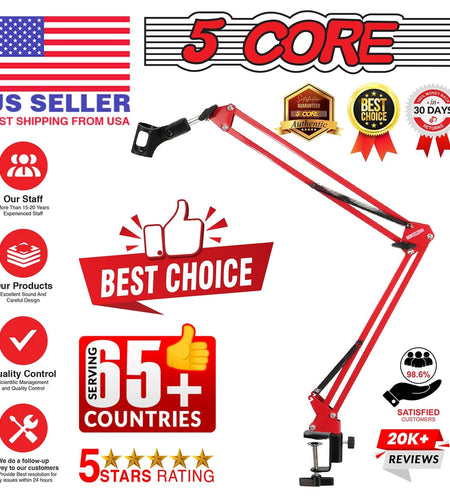 5Core Microphone Boom Arm Desk Mic Stand Adjustable Clamp Suspension Boom Stands RED